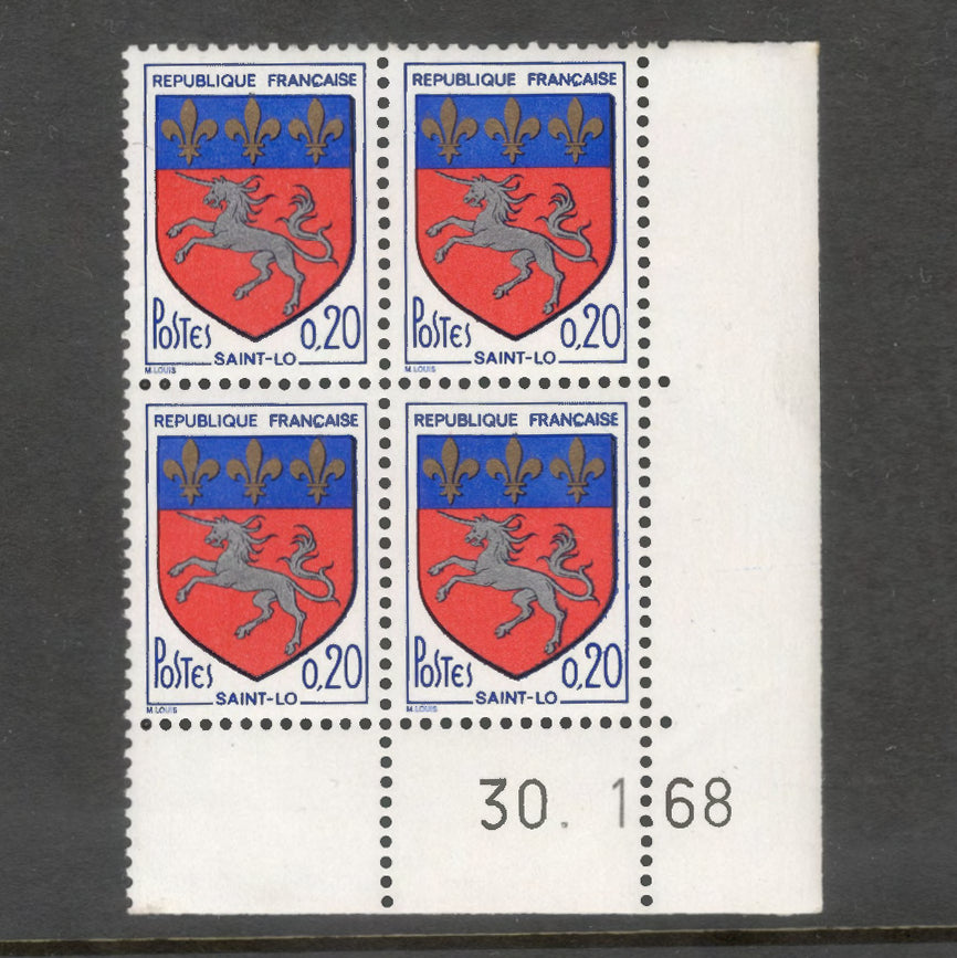 France 1966 City Arms 0.20 Franc Saint-Lo Multicoloured Stamp Block