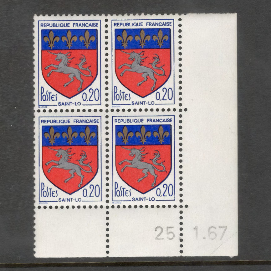 France 1966 City Arms 0.20 Franc Saint-Lo Multicoloured Stamp Block