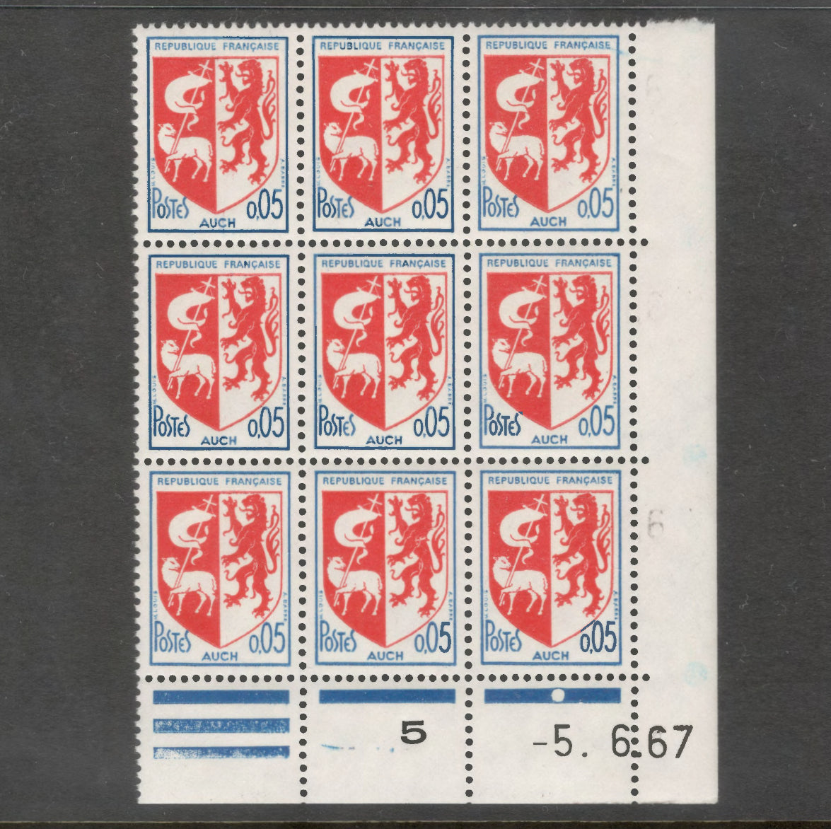 France 1966 City Arms 0.05 Franc Auch Multicoloured Stamp Block