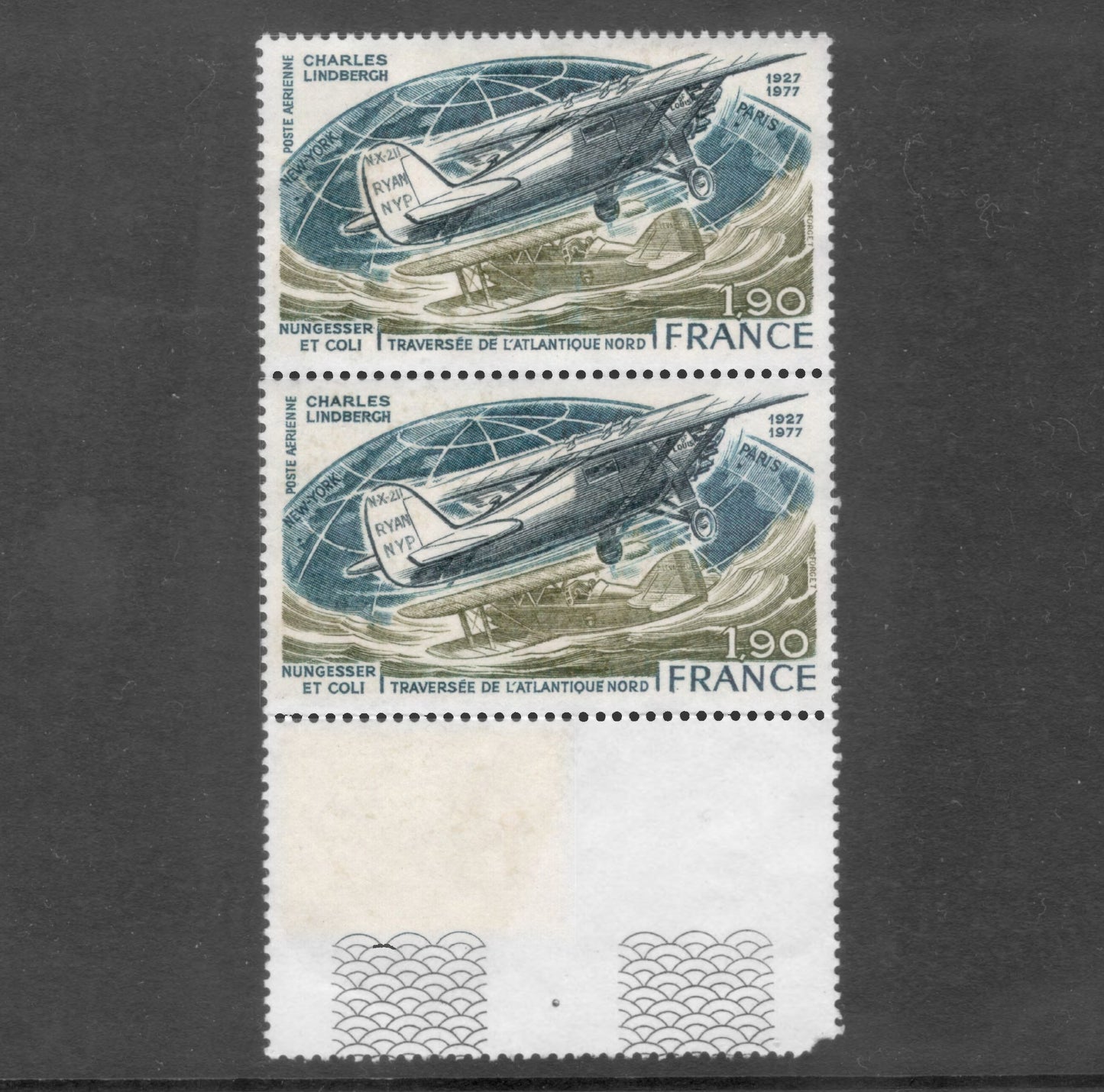 France 1977 1.90 Franc 50th Anniversary of North Atlantic Flights Stamp Pair