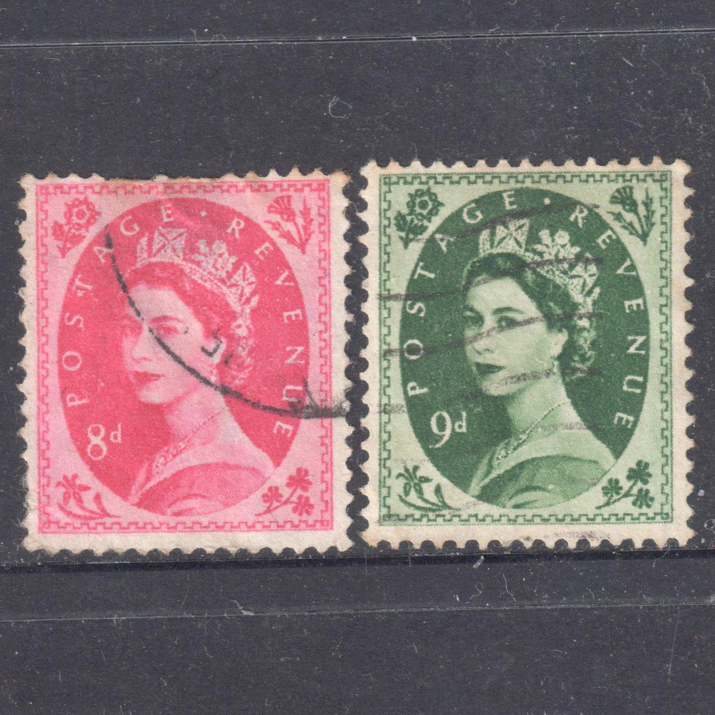 GB UK Great Britain England 1952 - 1954 Queen Elizabeth II Stamp Group of 2 - Perfin:14.75x14.25