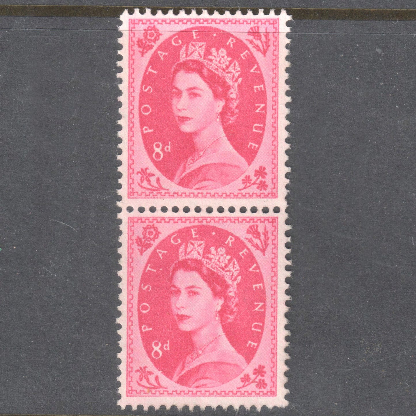 GB UK Great Britain England 1958 - 1967 8 Pence Red Queen Elizabeth II Stamp (Vertical Pair) - Perfin:14.5x14