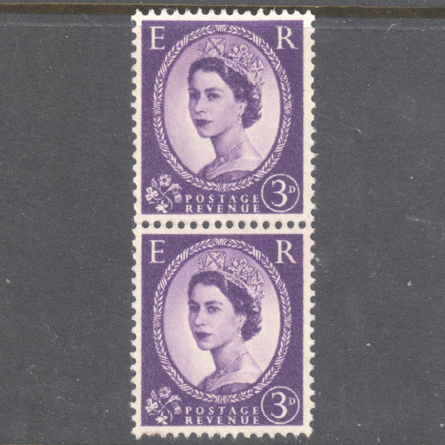 GB UK Great Britain England 1958 - 1967 3 Pence Violet Queen Elizabeth II Stamp (Vertical Pair) - Perfin:14.5x14