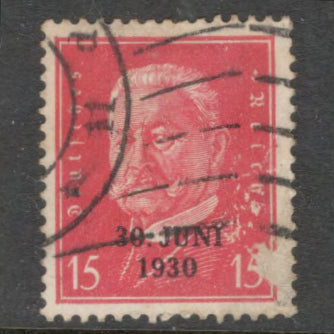 German Empire 1930 15 Pfennig Carmine Paul von Hindenburg Overprinted "30 Juni 1930" Stamp - Perfin: 14.0
