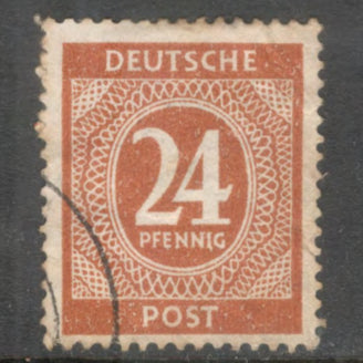 Germany Deutsche Post 24 Pfennig Yellowish Brown 1946 Numeral Value Stamp - Perfin: 14.0