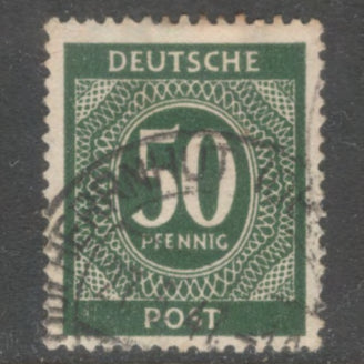 Germany Deutsche Post 50 Pfennig Dark Green 1946 Numeral Value Stamp - Perfin: 14.0