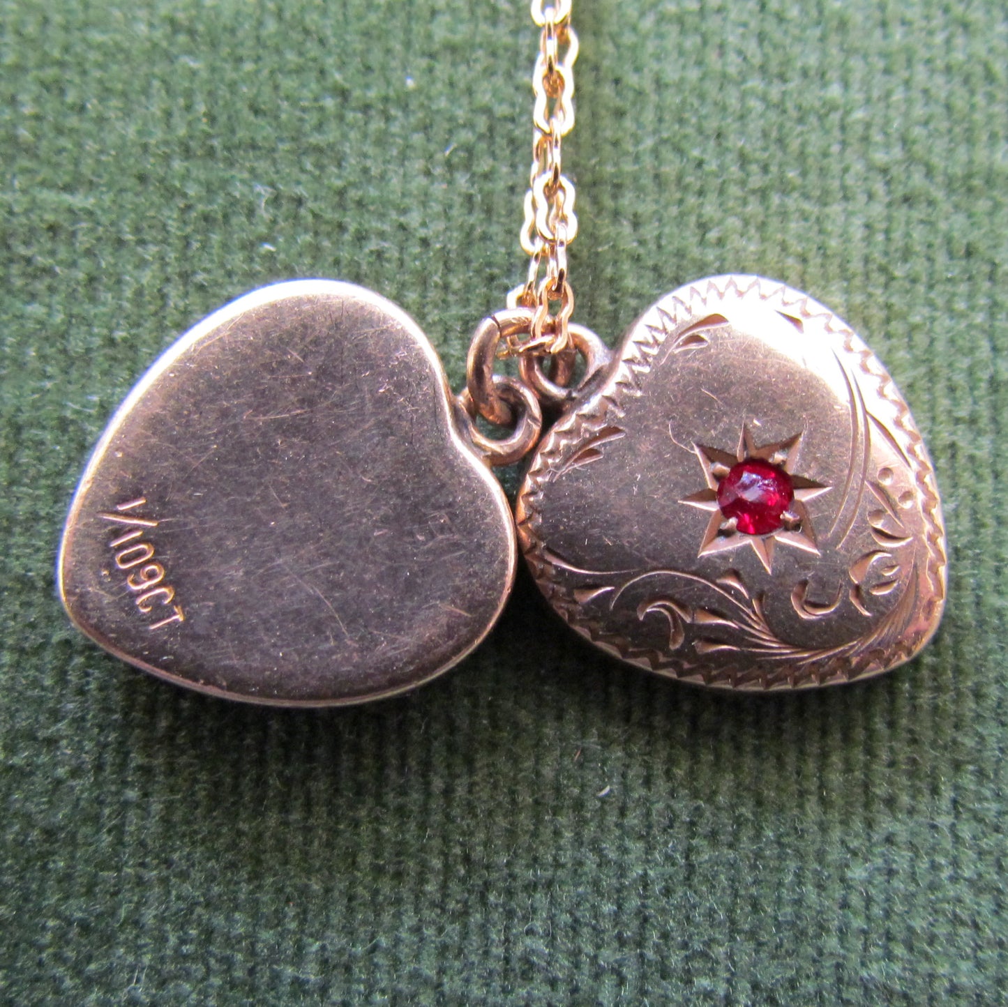 Rolled Gold Heart Shaped Photo Locket With A Red Stone And Unmarked Chain