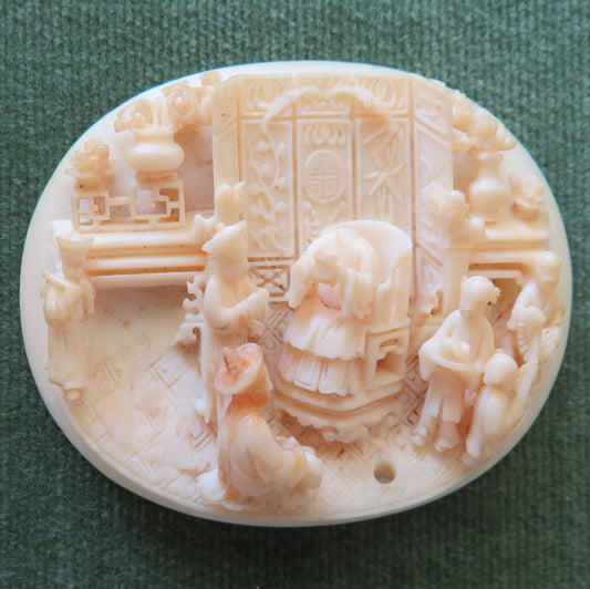 Tagua Nut Chinese Carved Image Of A Royal Court In Progress - With Damage