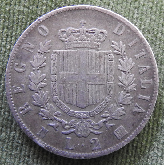 Italy 1863 2 Lira Vittorio Emanuel Silver Coin - Grades as Fine