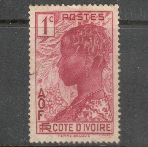 Ivory Coast 1936 - 1938 1 Centime Carmine Pink Ivory Coast Stamp - Perfin: 13.0