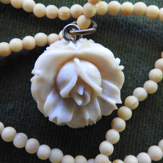 Ivory Carved Floral Pendant With Ivory Bead Necklace