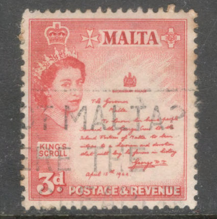 Malta 1956 - 1957 3 Pence Red Elizabeth II Kings Scroll Stamp - Perfin: 11.5
