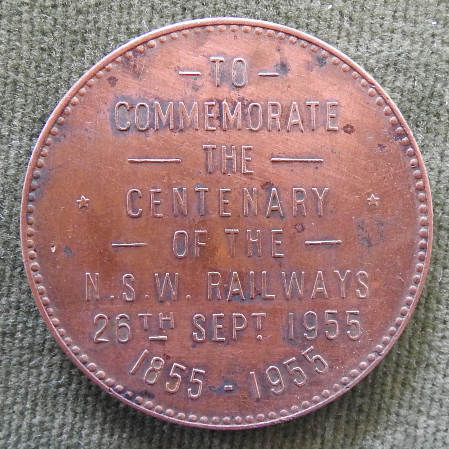 Australian 1955 New South Wales Railways Commemorative Centenary Medallion