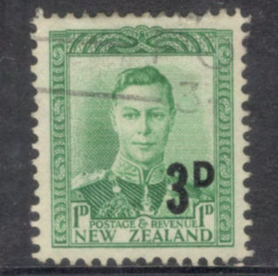 New Zealand 1952 1d Green King George VI Stamp - Surcharged 3d