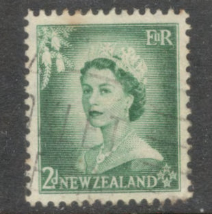 New Zealand 1954 2d 2 Penny Bluish Green Queen Elizabeth II Stamp - Perfin: 14.0x13.5