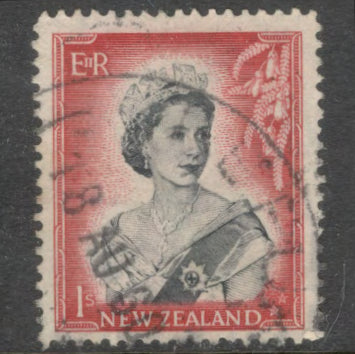 New Zealand 1954 1/- 1 Shilling Red / Black Queen Elizabeth II Stamp - Perfin: 14.0
