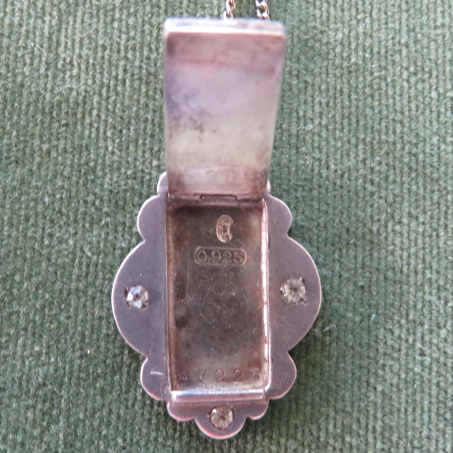 925 Sterling Silver German Photo Locket With An Onyx Panel & White Sapphires With Chain