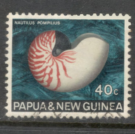 New Guinea PNG 1968 - 1969 40 Cent Multicoloured Seashells Nautilus Pompilius Stamp - Perfin: 12.5x12.25