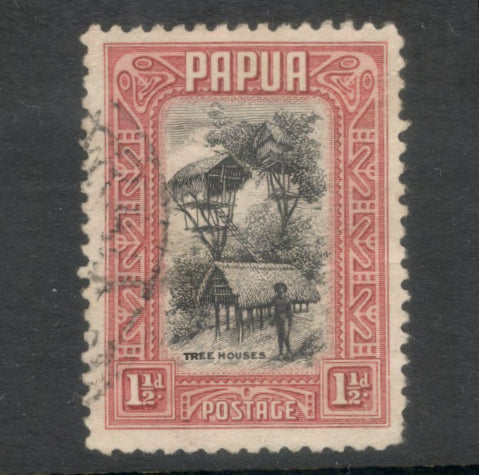 Papua 1932 1 1/2d Brownish Carmine / Black Tree Houses Local Motif Stamp - Perf: 11