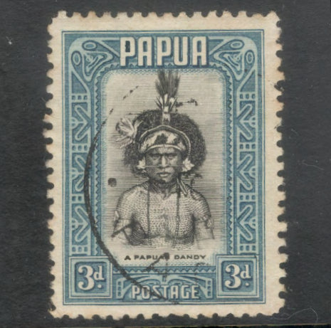 Papua 1932 3d Blue / Black Papuan Dandy Local Motif Stamp - Perf: 11