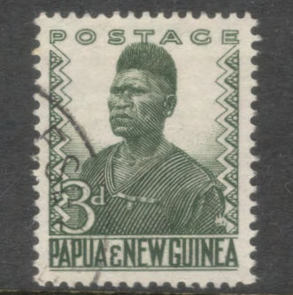 New Guinea PNG 1952 - 1960 3d 3 Pence Green Local Motives Stamp - Perfin: 14.0