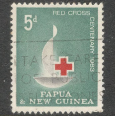 New Guinea PNG 1963 5d 5 Pence Multicoloured 100th Anniversary of Red Cross Stamp - Perfin 13.5
