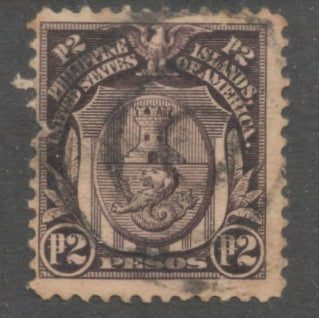 Philippines 1911 -1926 2 Peso Purple Brown Arms of the City of Manila Stamp - Perfin: 12.0