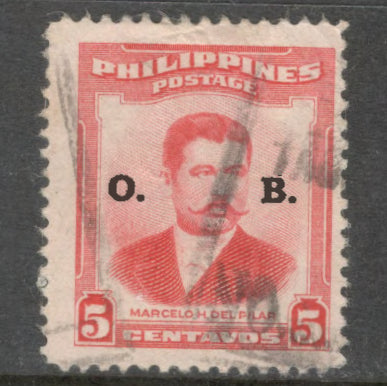 Philippines 1952 - 1955 5 Sentimo Red Personalities Postage Stamps of 1952 Overprinted "O. B." Stamp - Perfin:12.0