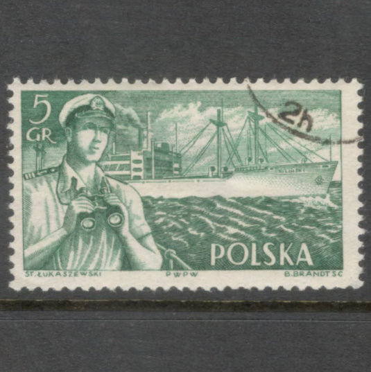 Poland Polska 1956 5 Groszy Dark blueish Green Polish Ships Stamp - Perfin 12.0x12.5