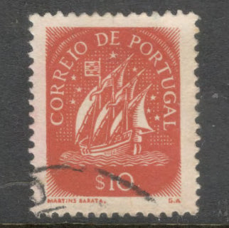 Portugal 1943 10 Centavos Reddish Brown Caravel Stamp - Perfin: 14.0