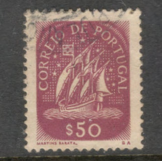 Portugal 1943 50 Centavos Dark Violet Caravel Stamp - Perfin: 14.0