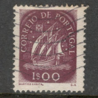 Portugal 1943 1 Escudo Purple Red Caravel Stamp - Perfin: 14.0