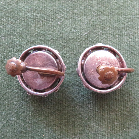 Rhoda Wager Attributed Arts & Crafts Silver Earrings (Screw Fastening) with gum leaf design and milk glass insert