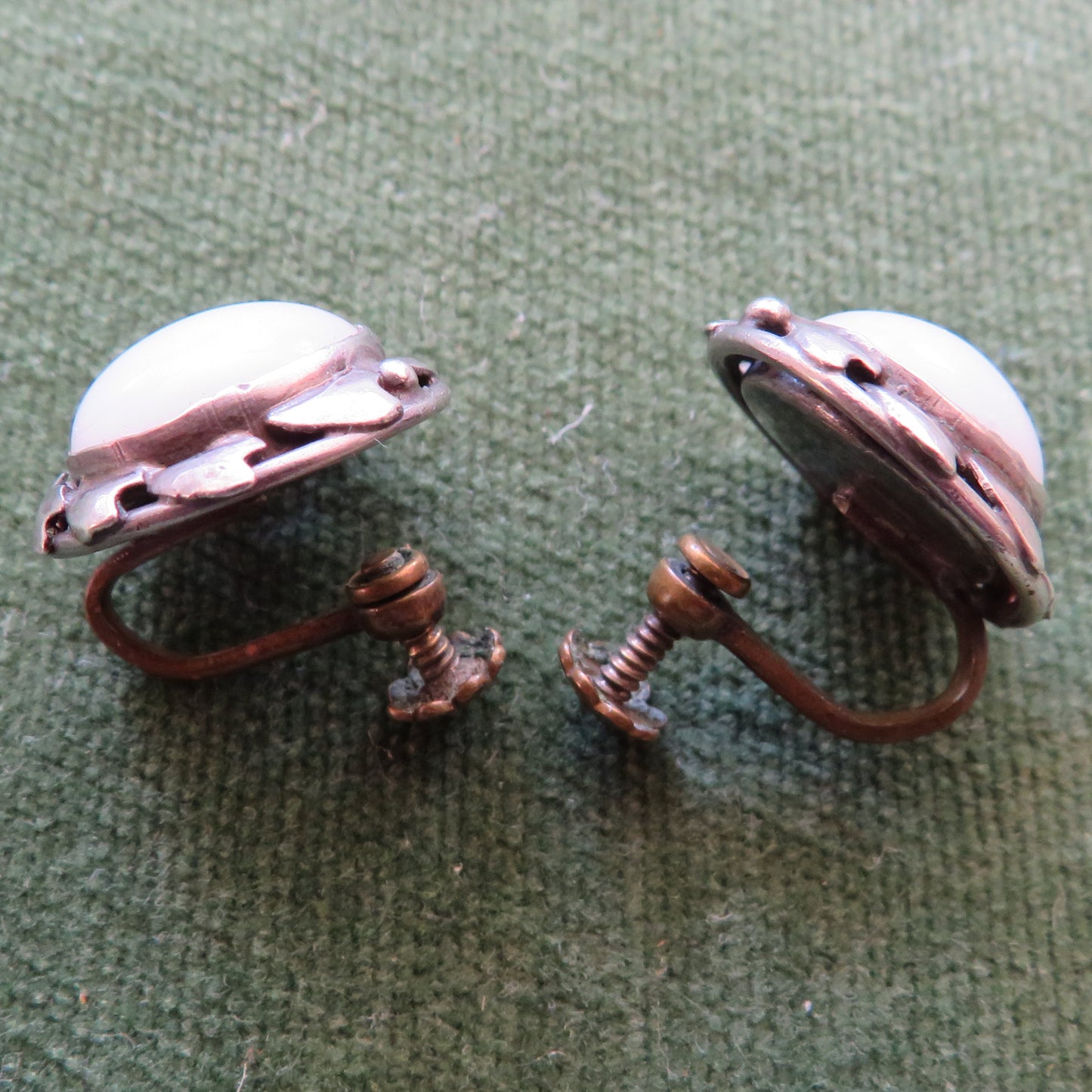 Rhoda Wager Attributed Arts & Crafts Silver Earrings (Screw Fastening) with gum leaf design and milk glass insert