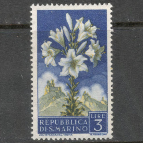 San Marino 1957 3 Lire Multicoloured Flowers Lilium Candidum Stamp - Perfin: 14.0