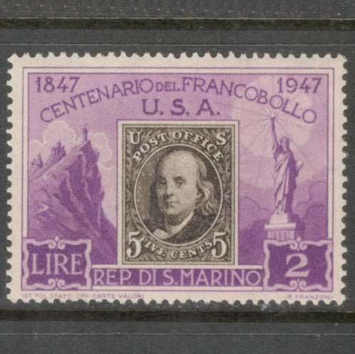 San Marino 1947 2 Lire Multicoloured 100th Anniversary of the First American Postage Stamp - Perfin: 14.0