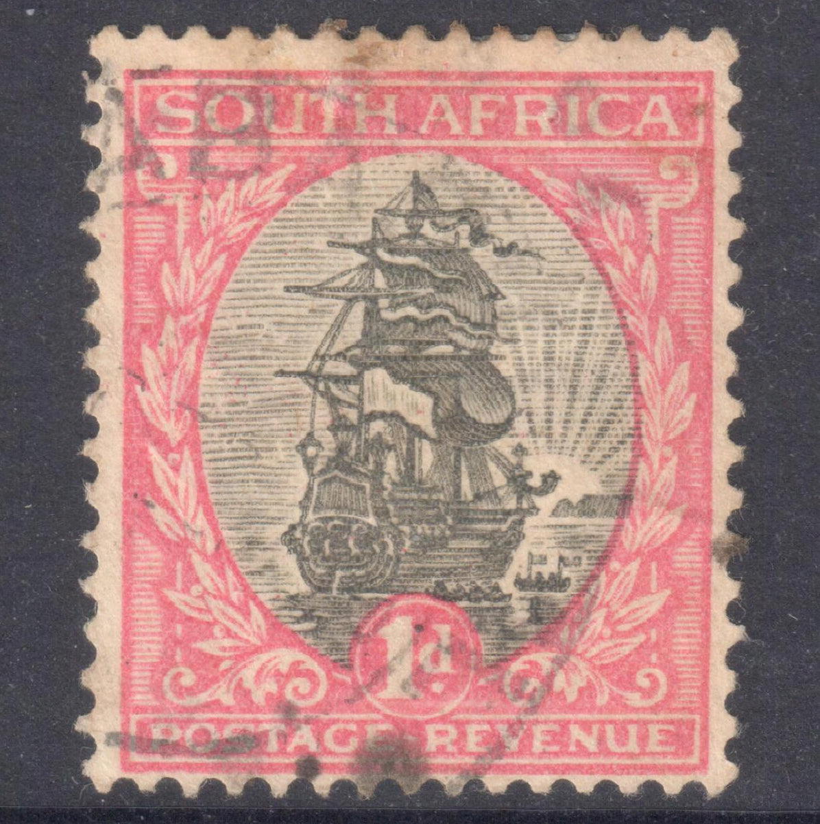 South Africa 1933 1 Penny Carmen / Dark Grey Local Motifs Stamp - Perfin:13.5x14