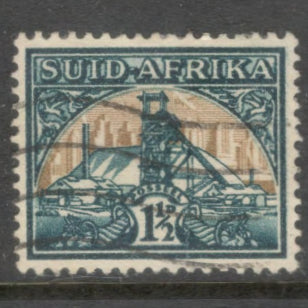 South Africa 1941 1 1/2d Multicoloured Local Motives Gold Mine Country name in Africans SUID-AFRIKA Stamp - Perf: 14.0