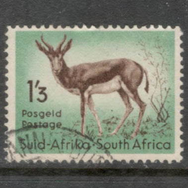South Africa 1954 1/3d Light Green / Brown Local Animals Antidorcas Marsupialis Stamp - Perfin: 14.0