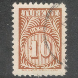 Turkey 1957 10 Kurus Yellowish Brown Official Numeral Stamp - Perfin: 10.75
