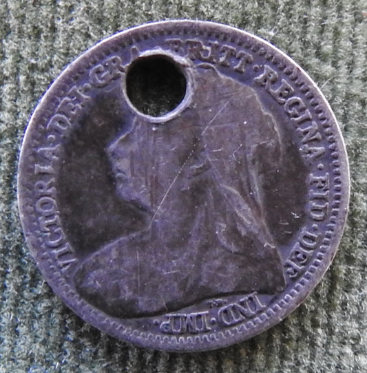 GB British UK English 1900 Three Pence Queen Victoria Coin - Holed