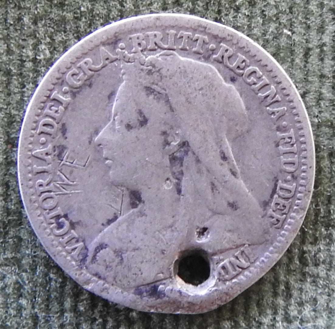 GB British UK English 1901 Three Pence Queen Victoria Coin - Holed