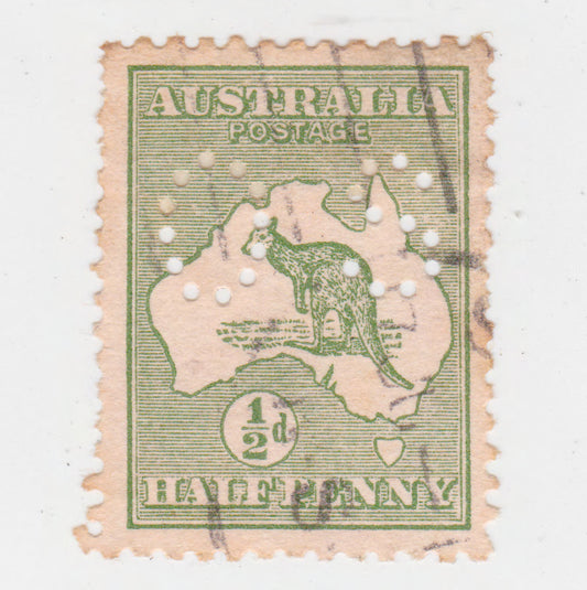 Australian 1913 1/2 Penny Green Kangaroo Stamp OS Perforation - Perf: 11.5-12