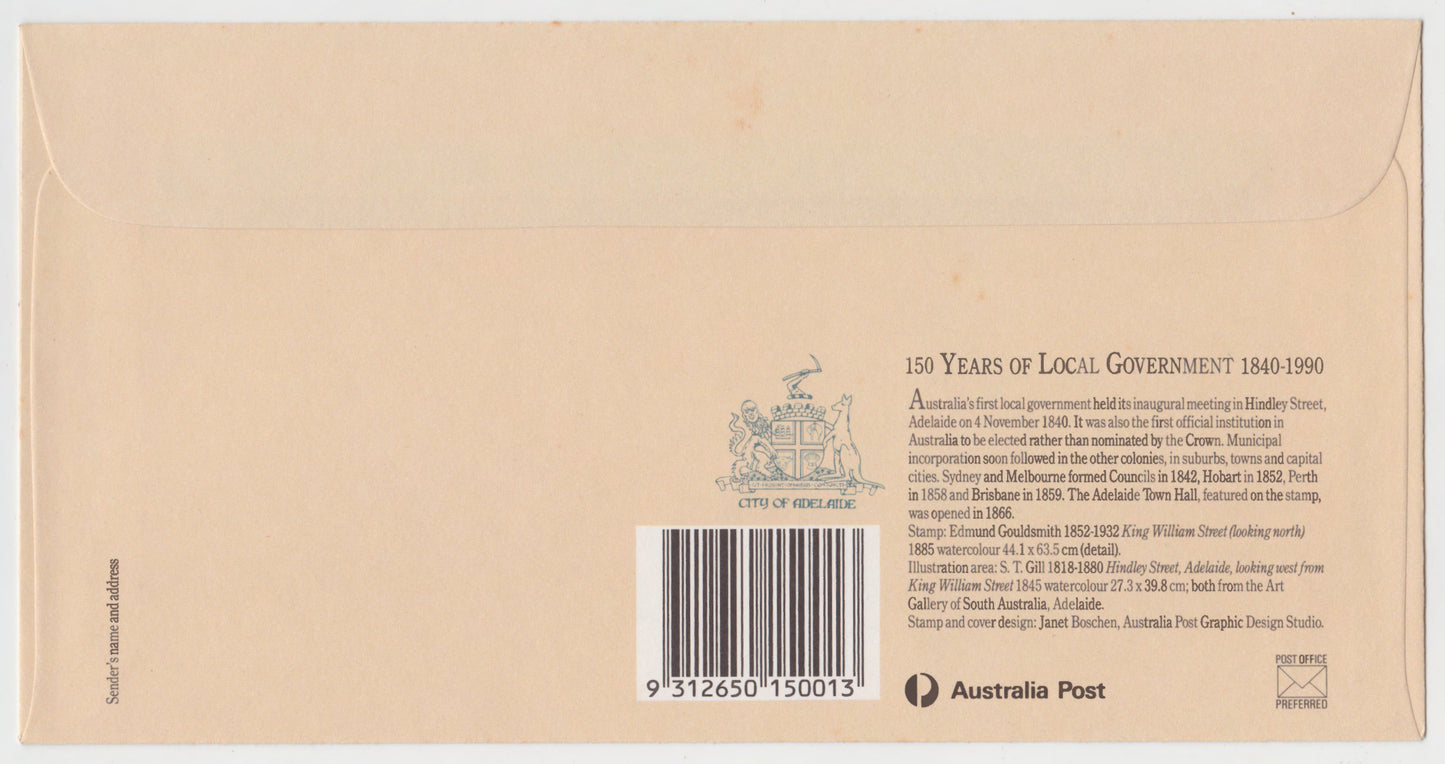 Australian First Day Cover 150 Years Of Local Government 43c Postmarked 31 October 1990