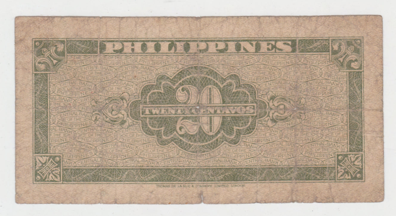 Philippines 1949 20 Centavos Banknote s/n HD 774991