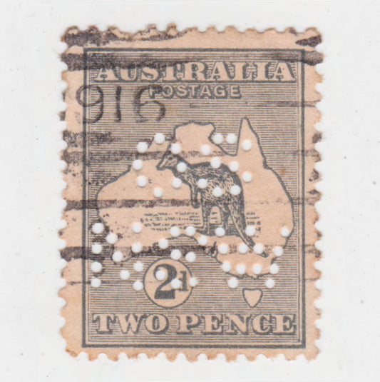 Australian 1913 2 Penny Grey Kangaroo Stamp OS NSW Perforation - Perf: 11.5-12