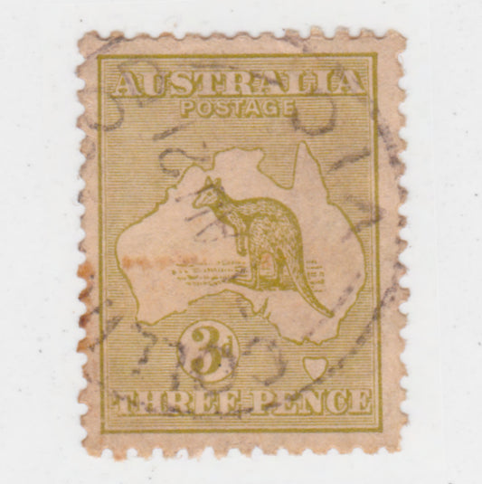 Australian 1913 3 Penny Olive Kangaroo Stamp - Perf: 11.5-12