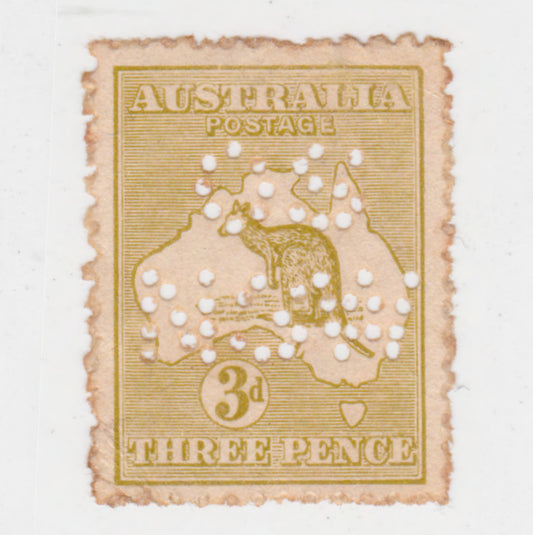 Australian 1913 3d 3 Penny Olive Kangaroo Stamp OS NSW - Perf: 11.5-12
