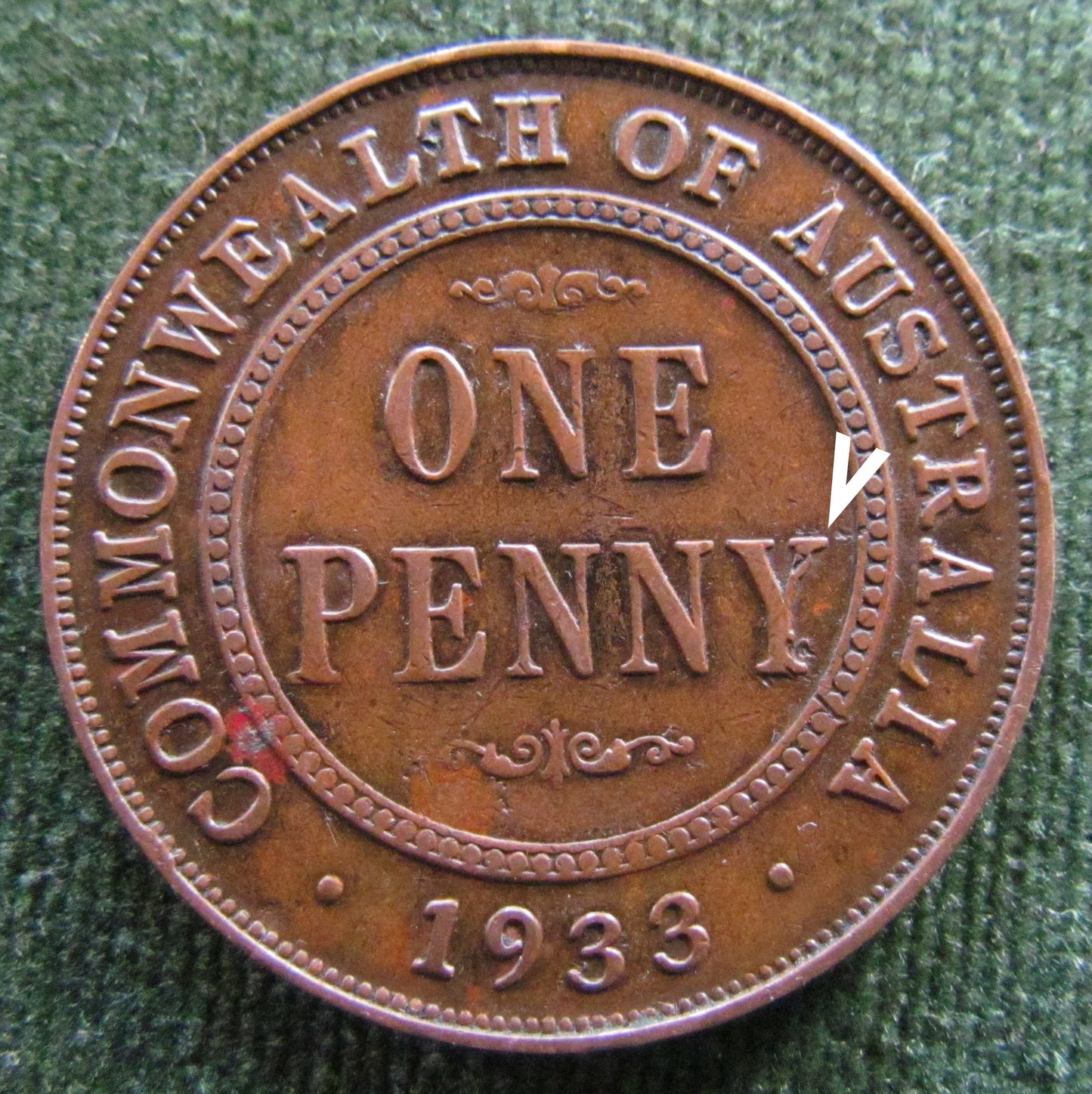 Australian 1933 1d 1 Penny King George V Coin - Variety Die Error