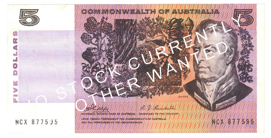 Australian 1969 5 Dollar Phillips Randall COA Banknote s/n NGK 335656 - Circulated